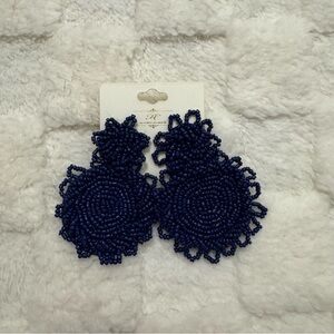 Elegant Navy Beaded Statement Drop Earrings, Round Bohemian Oversized Style